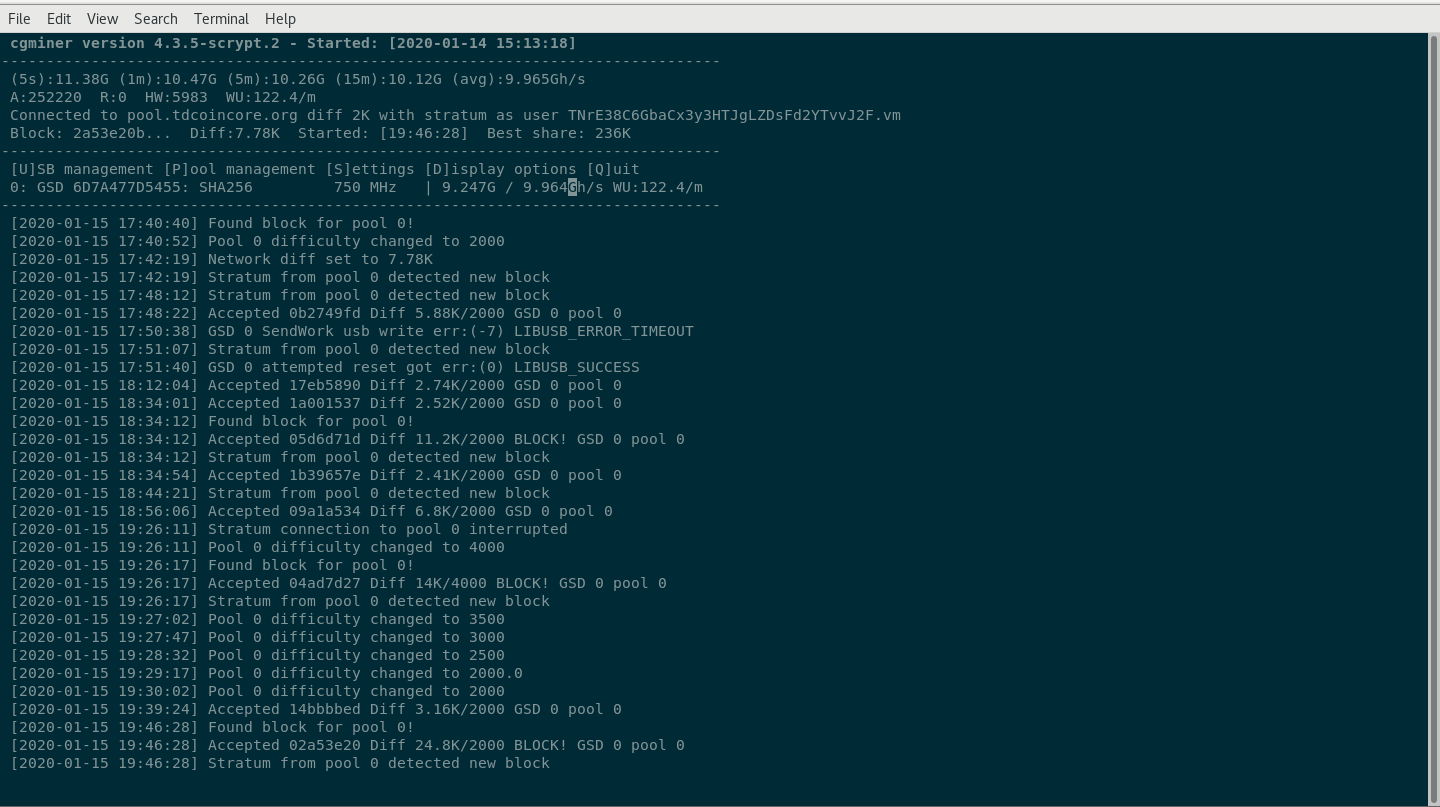Terminal running TDCoin cgminer with Gridseed Orb
