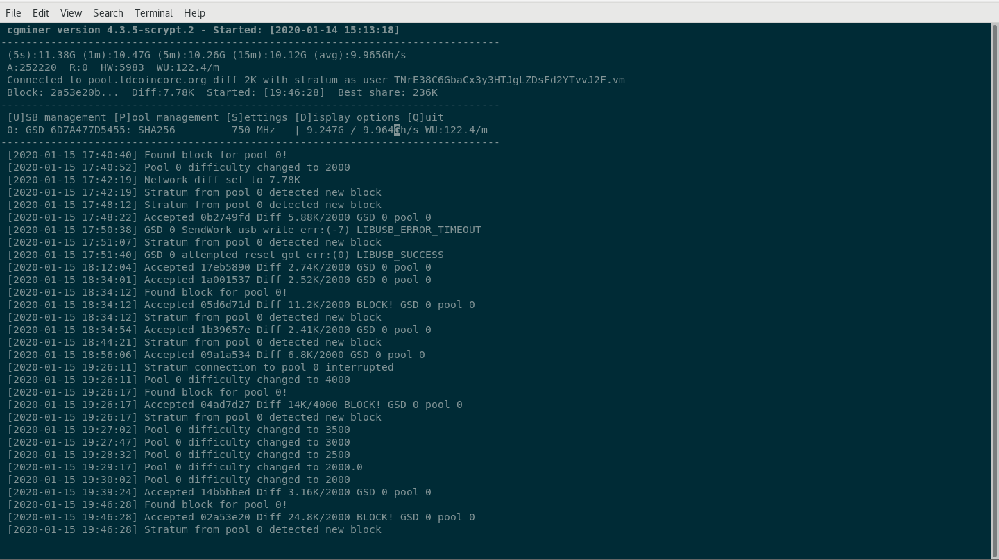 Терминал под управлением TDCoin cgminer с Gridseed Orb